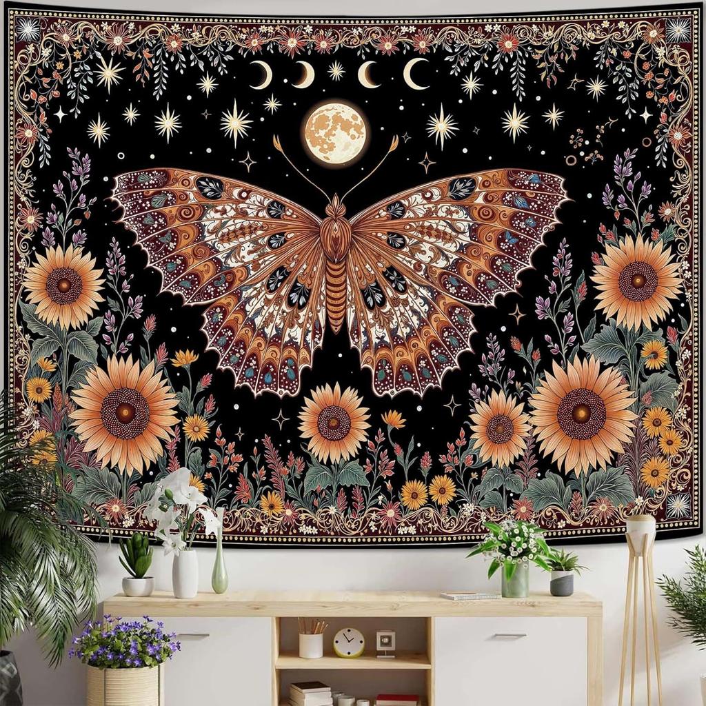 Butterfly Tapestry Moon Star Retro Floral Sunflower Plant Tapestries for Bedroom Witchy Aesthetic Room Decor Tapestries Wall