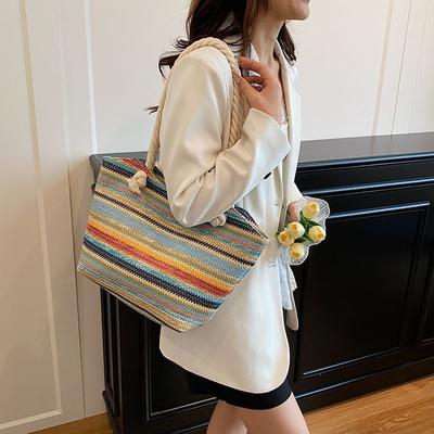 Regenboog Geweven Tas voor Dames Zomer Strand Vrije Tijd Toerisme Grote Capaciteit Enkele Schouder Tote Bag