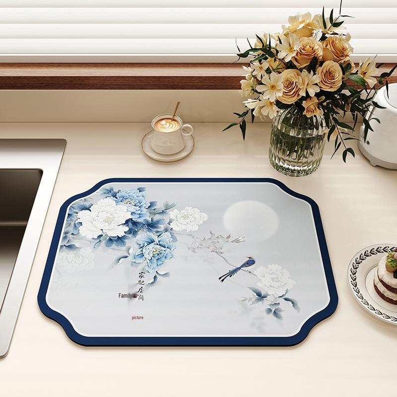 Chinese-Style Irregular Flower & Bird Diatom Mud Coffee Mat: Stain-Resistant, Easy-Clean, Non-Slip Kitchen Draining Mat