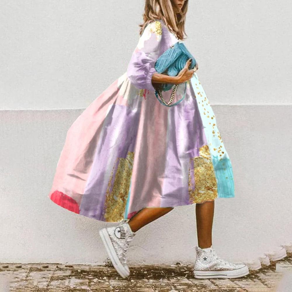 GMXIA Dámská móda Letní Jarní Neformální šaty s 3/4 rukávem do O-výstřihu