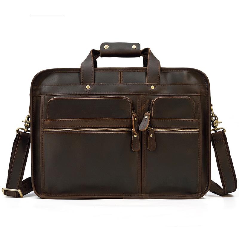 Vintage Leather Mens Briefcase With Pockets Cowhide Bag On Business Suitcase Crazy Horse Leather Laptop Bags 2019 Design