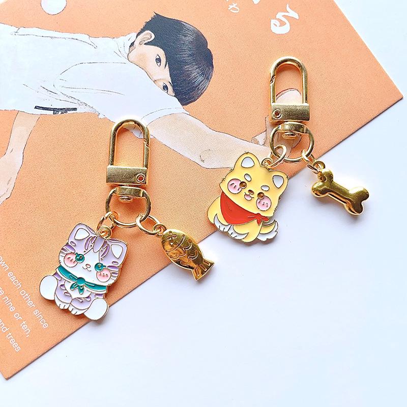Japanese Style Cute Cat & Puppy Drip Oil Keychain - Cartoon Alloy Pendant Bag Charm