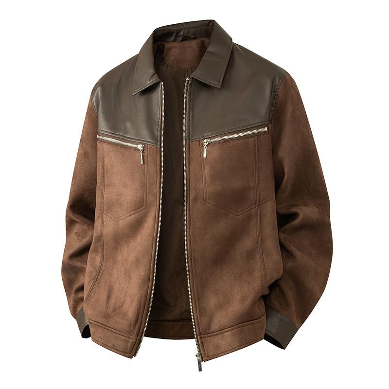 Autumn new jacket men s lapel splicing trendy fashion Korean version slim versatile casual jacket 2509 3XL темно-коричневого