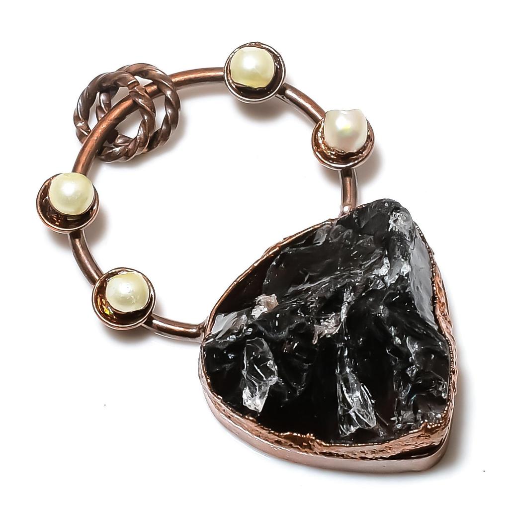Black Onyx Rough & Mother Of Pearl Pendant Gemstone Jewelry, Copper Electroformed Pendant, Handmade Jewelry Birthstone Pendant, Gift For Him