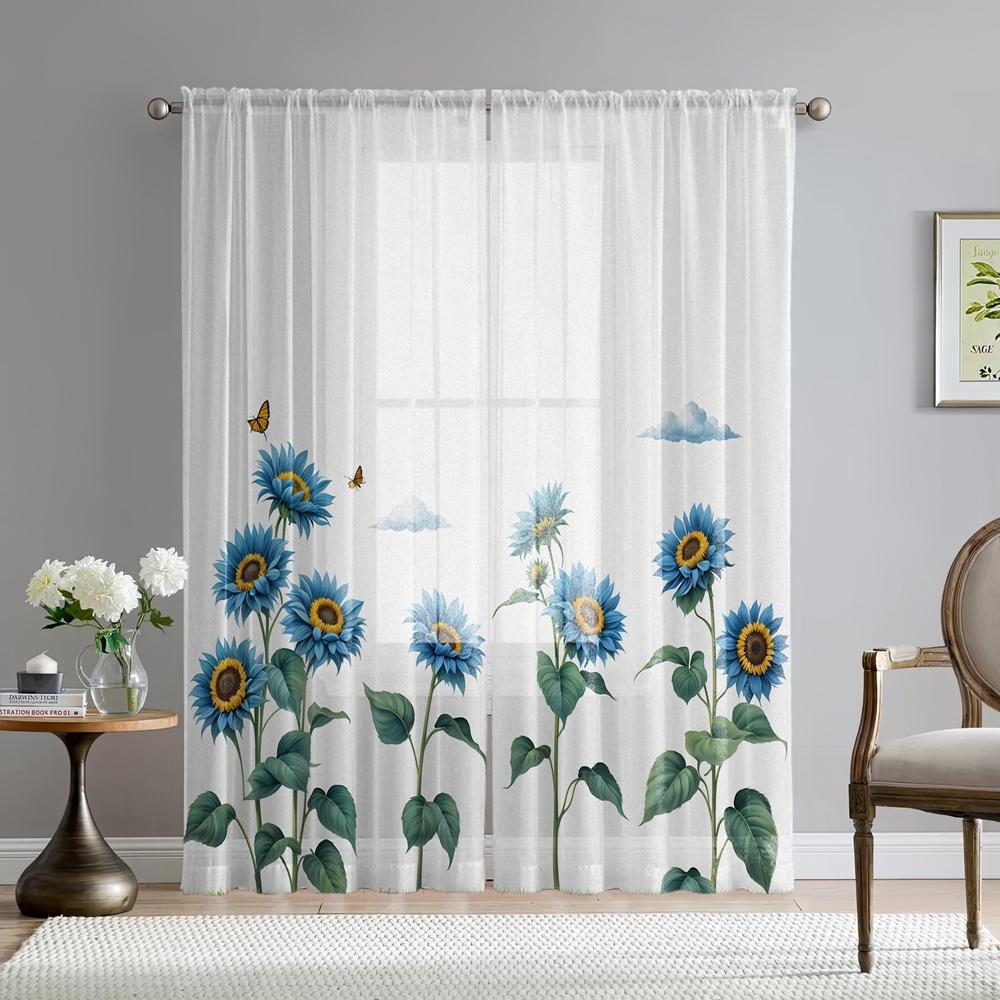 2pcs HD Digital Blue Sunflower Printed Window Screen Home Decorating Style Decorative Living Room Bedroom Rodding Curtain Effect