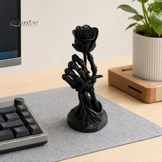 Dark Romantic Figurine Skeleton Hand Holding Rose Ornament, 3D Printed Gothic Aesthetic Exquisite Detailed Art Niche Decor, Stable Base Compact