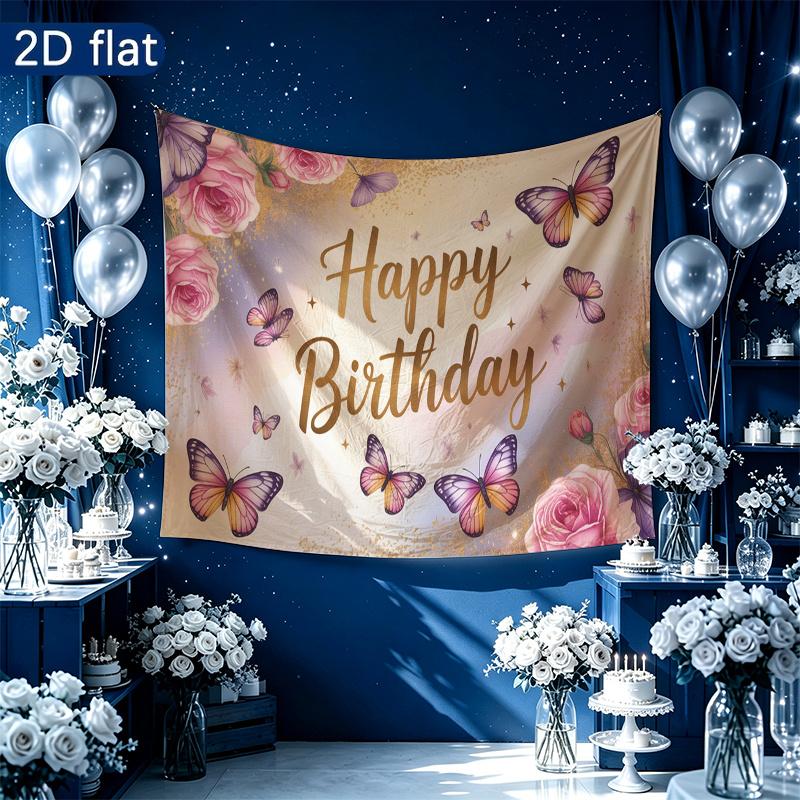 Birthday Floral Butterfly Party Backdrop, Polyester Banner for Wall Decor & Photo Props