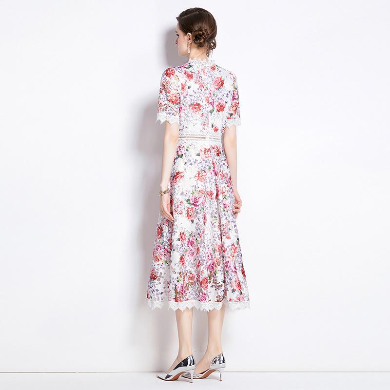 Elegant Floral Print Lace Summer Dress for Women High Quality Hollow Out Short Sleeve Slim Party Dress Robes Femme