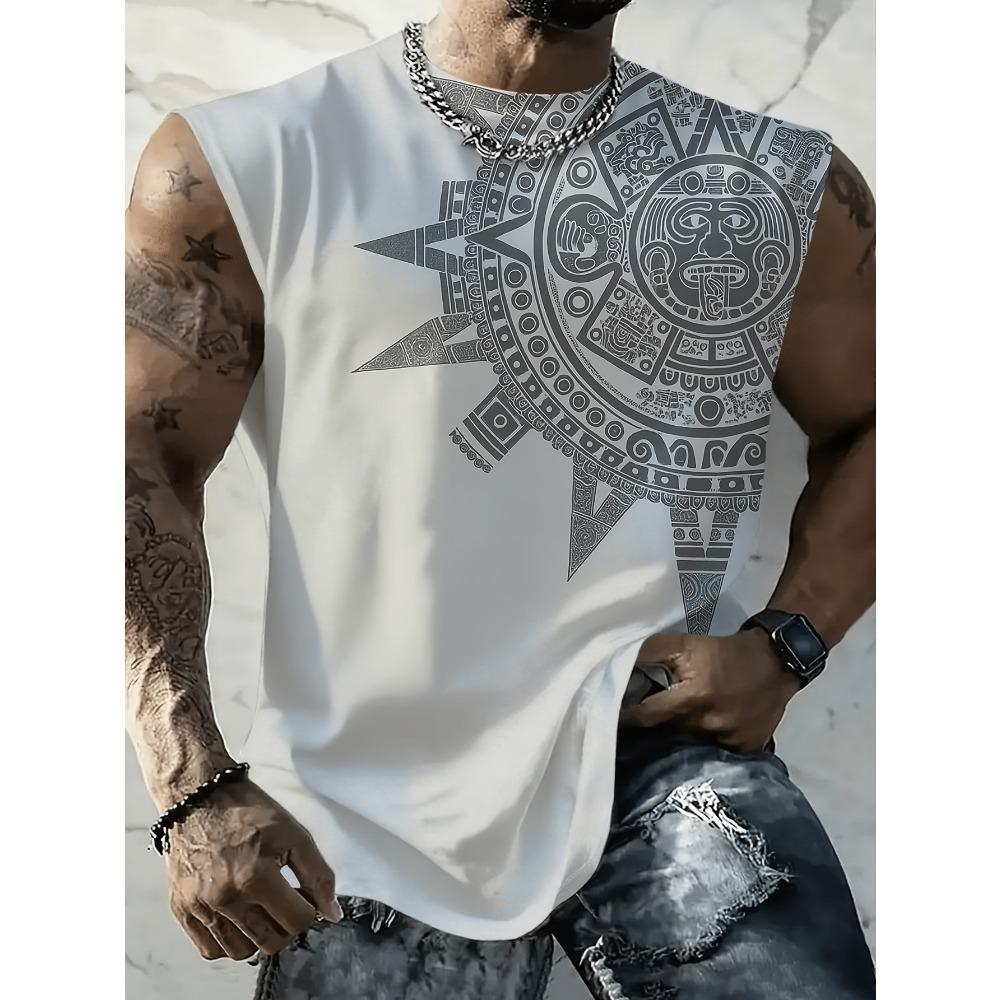 [Printed Design - Not Textured] Gradient Coconut Tree Print Men's Sleeveless Tank Top, Summer Beach Style Loose Fit Casual Fitness Vest, PLUS SIZE
