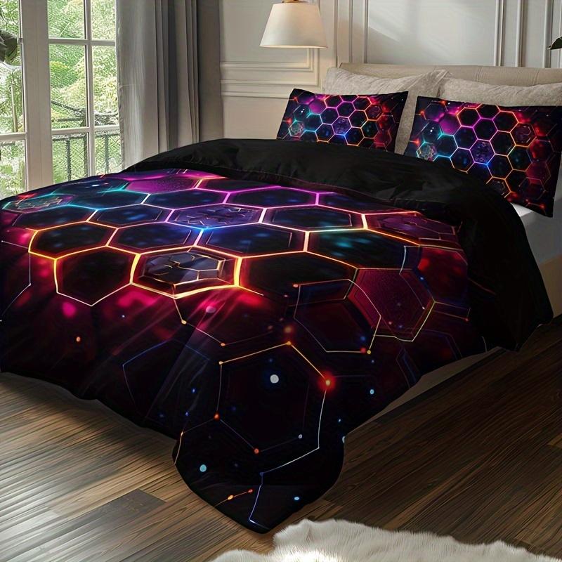 3-Piece Soft with Soft Fabric Duvet Cover Set Breathable Al-Season Honeycomb Hexagon Machine Washable High Definition Digital Print Beding Set