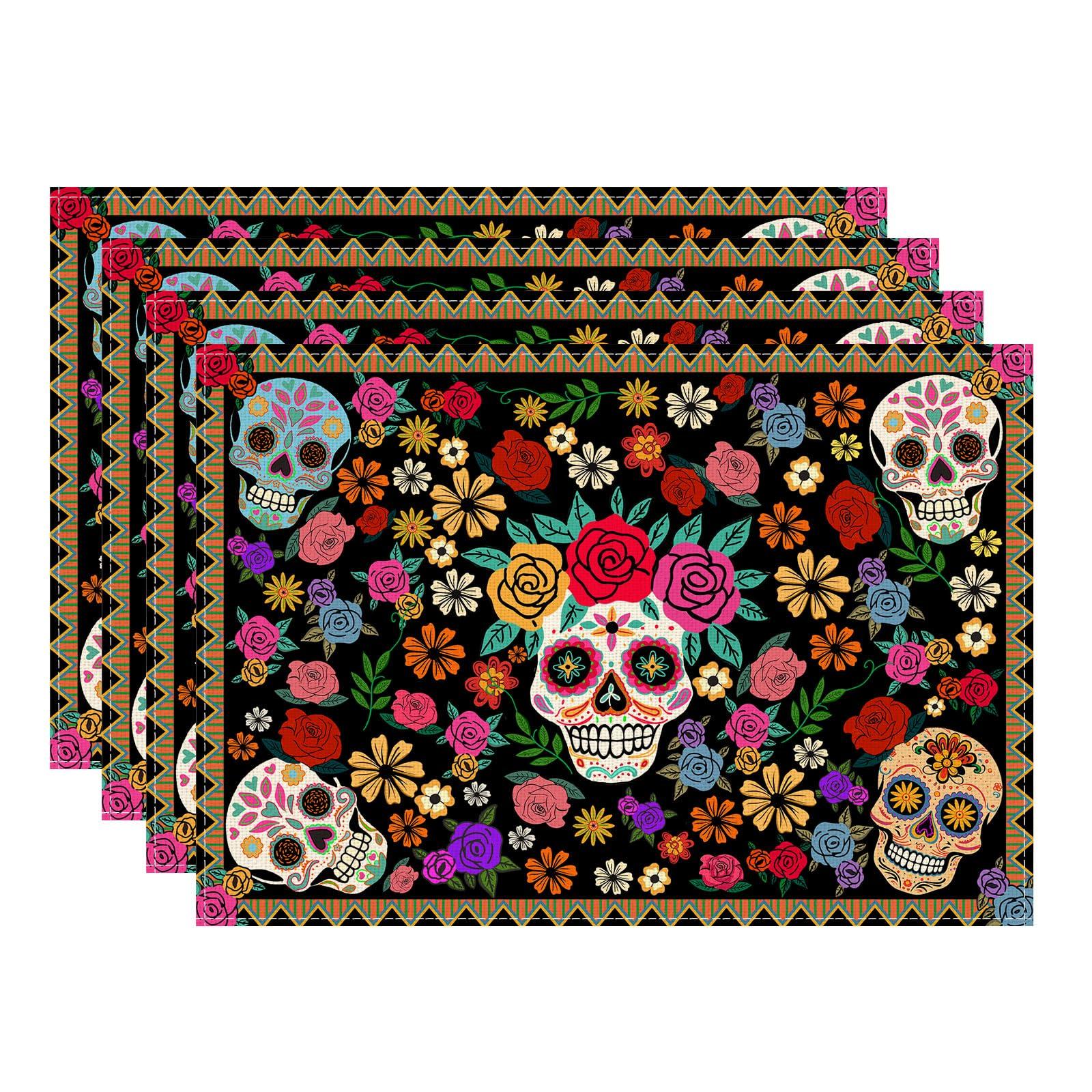 

Sugar Skull Colorful Flowers Mexican Style Dia De Los Muertos Placemats Set of 4 Day of The Dead Table Mats Placemats Set of 4 （12x18 Inch）