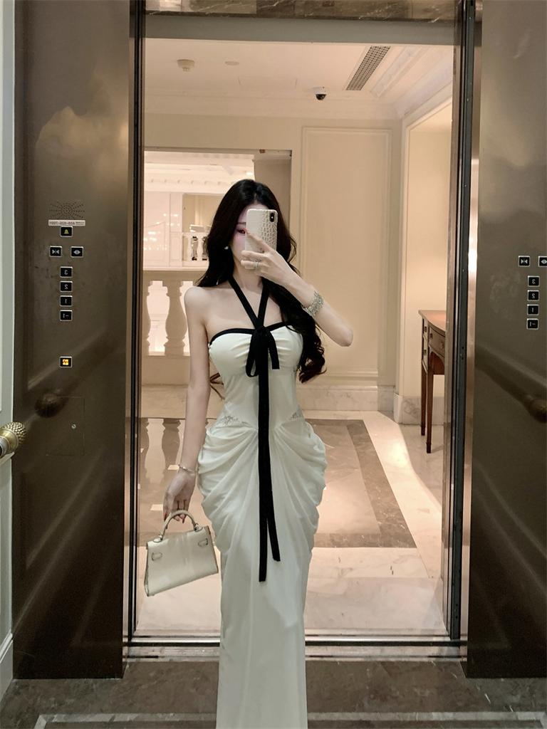 French Beautiful Vacation Style Sexy Style Neck Streamer Dress Women's White Long Dress Light Luxury Banquet Evening Dress Dress