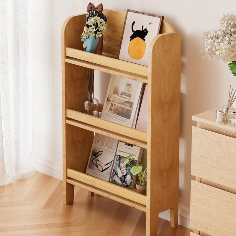 Child-Safe Solid Wood Book Organizer Slim Floor Bookcase with Wall Support Creative Narrow Storage Shelf for Bedroom&Living Room