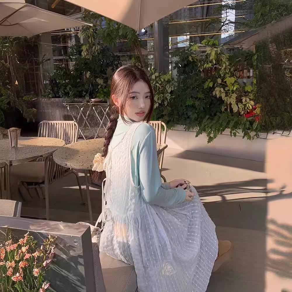 Sweet Korean-Style Women's Spaghetti Strap Vest Dress - 2026 Spring A-Line Layered Mid-Length Skirt