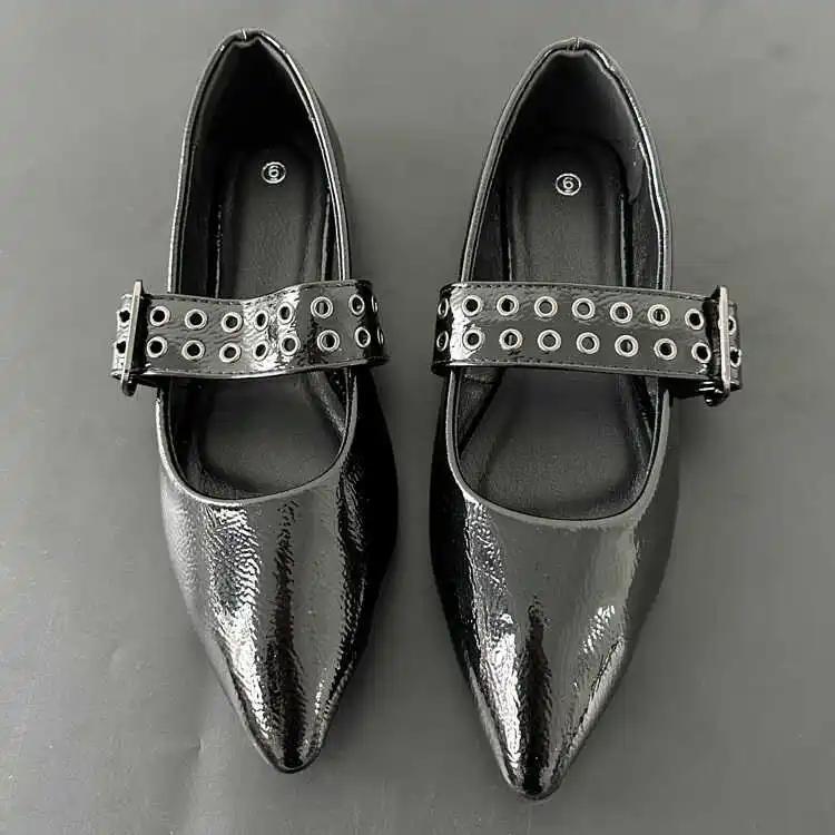 Pointed Toe Flats Shoes Women Pu Leather Fashion Buckle Strap Mary Janes Shoes Ladies Elegant Black Pumps Spring Footwear