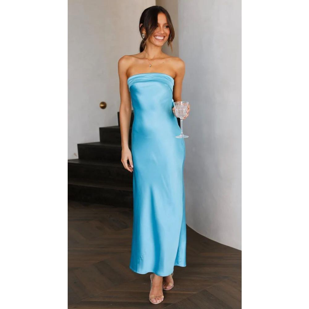 Spring and Summer New Style Elegant Lady Satin Backless Tube Top Dress Print