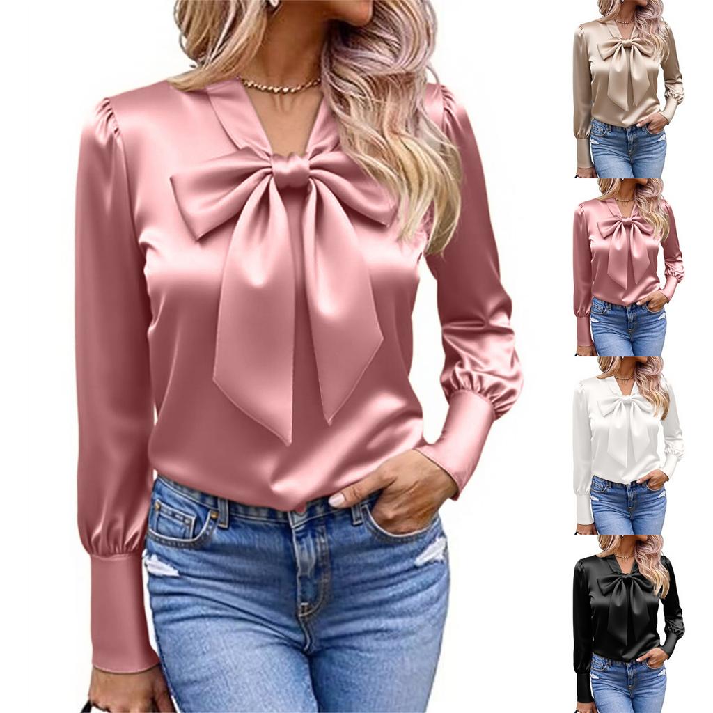 Women's Fashionable Solid Color Round Neck Long Sleeved Bow Casual Versatile Shirt Top