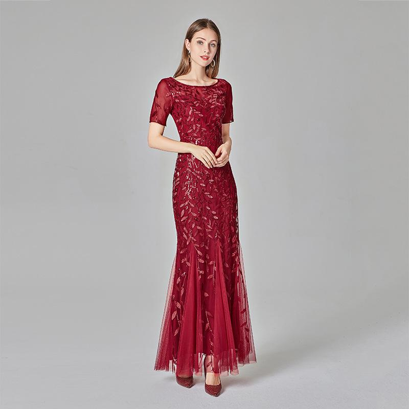 Evening dress new banquet host European and American slim mesh sequin evening dress fishtail dress women