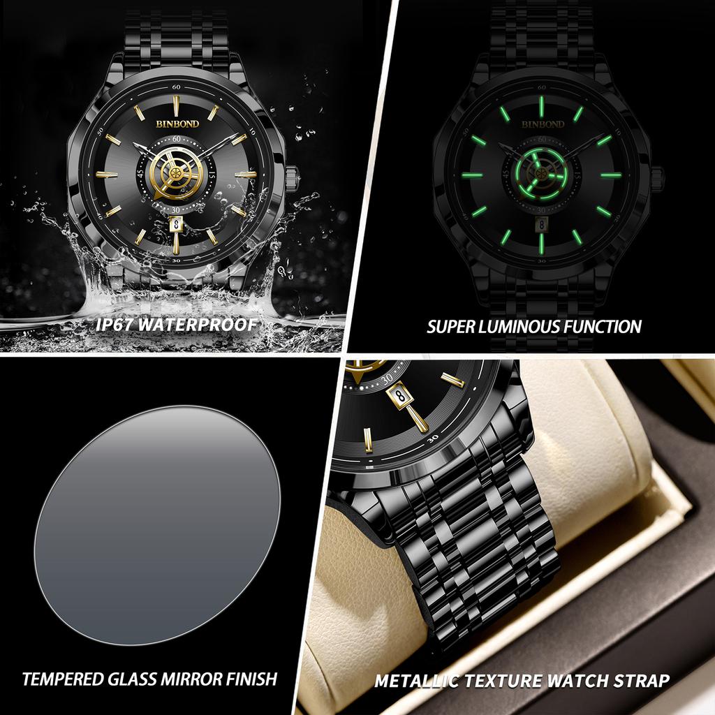 BINBOND Orginal Men's Waterproof Luminous Quartz Watch For Men Luxury Auto Date Sturdy Wristwatch Casual Reloj