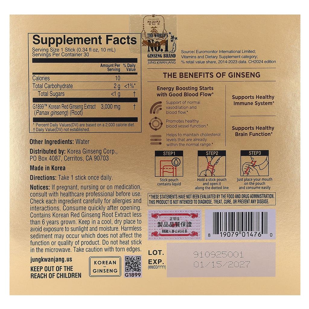 JungKwanJang, Korean Red Ginseng Extract, Everytime, Original, Liquid Sticks, 30 Sticks, 10ml (0.34 Fl Oz) Each