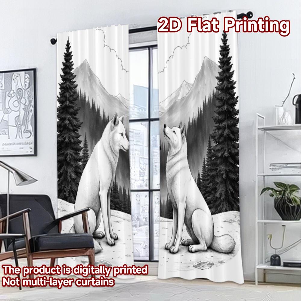2D FLAT PRINTING 2pcs Curtains (Without Rod) Two Wolves In Mountains Popular Popular Curtain Semi-Sheer Curtains Crescent Moon