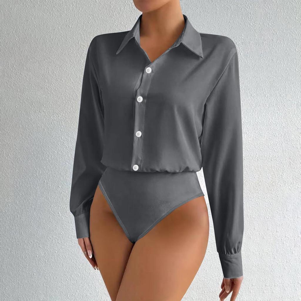 Modischer übergroßer zweiteiliger Damen-Hemd-Jumpsuit mit Knöpfen und langen Ärmeln