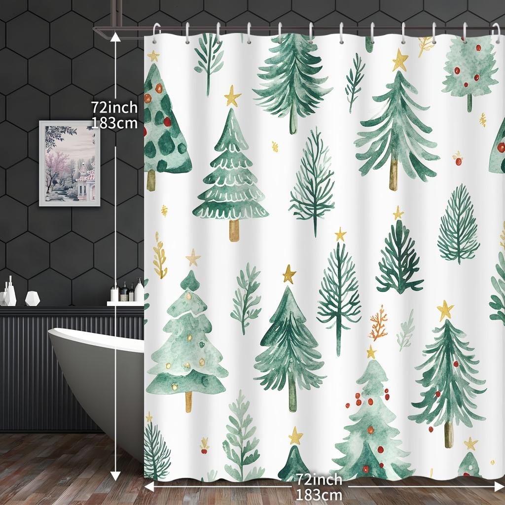 1pc Christmas Green Theme Cartoon Pine Forest Shower Curtain, Decorative Printed Shower Curtain with 12 Hooks