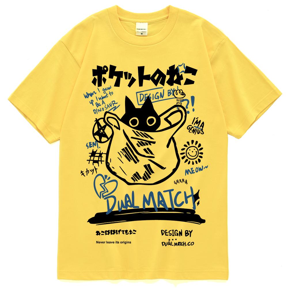 Men Women T Shirt Hip Hop Streetwear Japanese Kanji Harajuku Funny Cat T-Shirt Summer Short Sleeve Top Tees Cotton Couple Tshirt