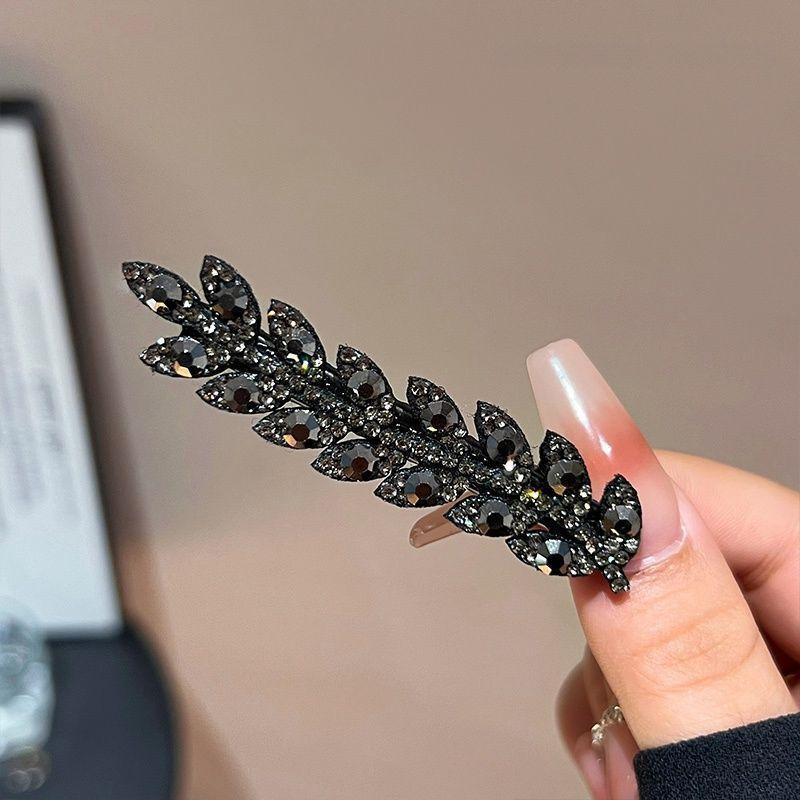 Vintage Elegant Alloy Wheat Ear Hairpins Crystal Embellished Leaf-Shaped Hair Clips Solid Color Duckbill Ideal for Valentine'S Day Gift