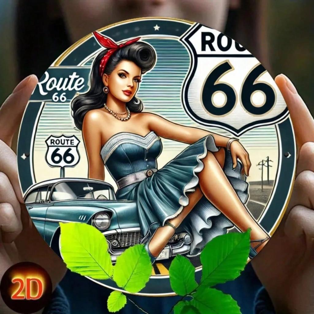Vintage Route 66 Pin Up Girl Rustic Metal Wall Art Round Iron Sign Home Bar Decor