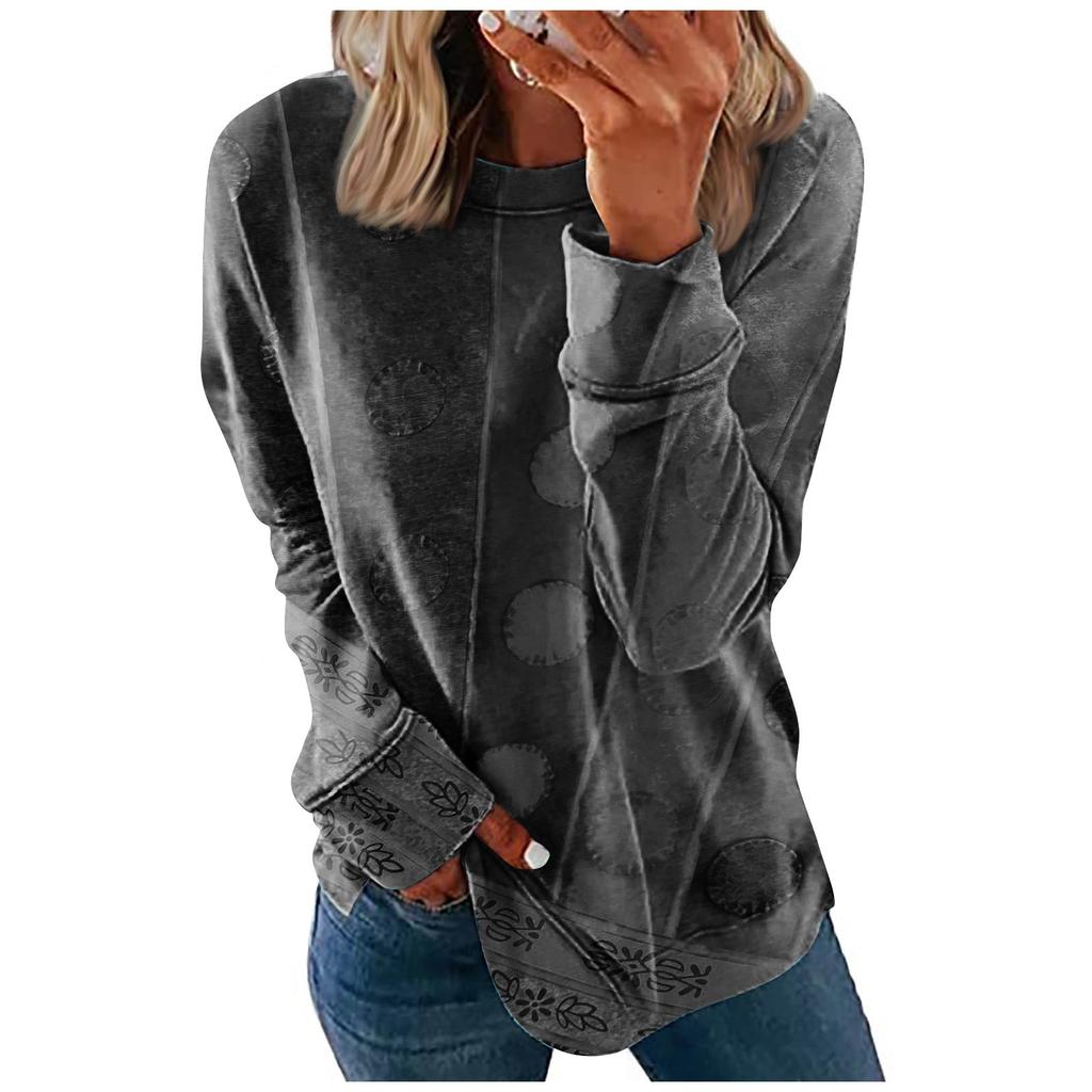 Women's Round Neck Tops Cotton Women's Casual Fashion Nationality Print Long Sleeve O-Neck Pullover Top Blouse