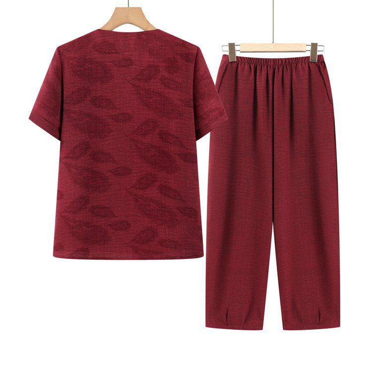 Grandma's Summer Two-Piece Set: Short Sleeve Outfit for Women Aged 60-80