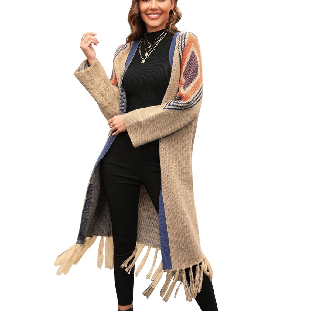 Women Open Front Sweater Long Sleeve Contrast Color Tassel Decor Knit Outwear Stylish Lady Sweater