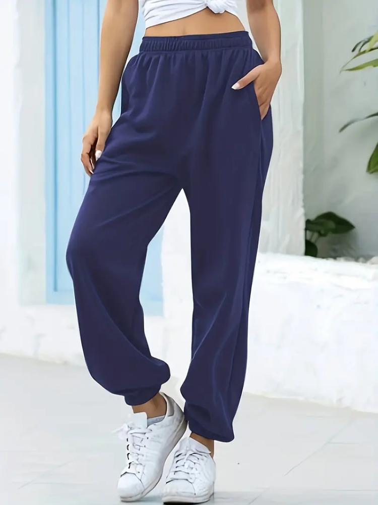 

Женские укороченные брюки с высокой посадкой и широкими штанинами - Повседневные, с эластичной талией и карманами, Идеальны для осени и зимы, Спортивные брюки больших размеров L темно-синий