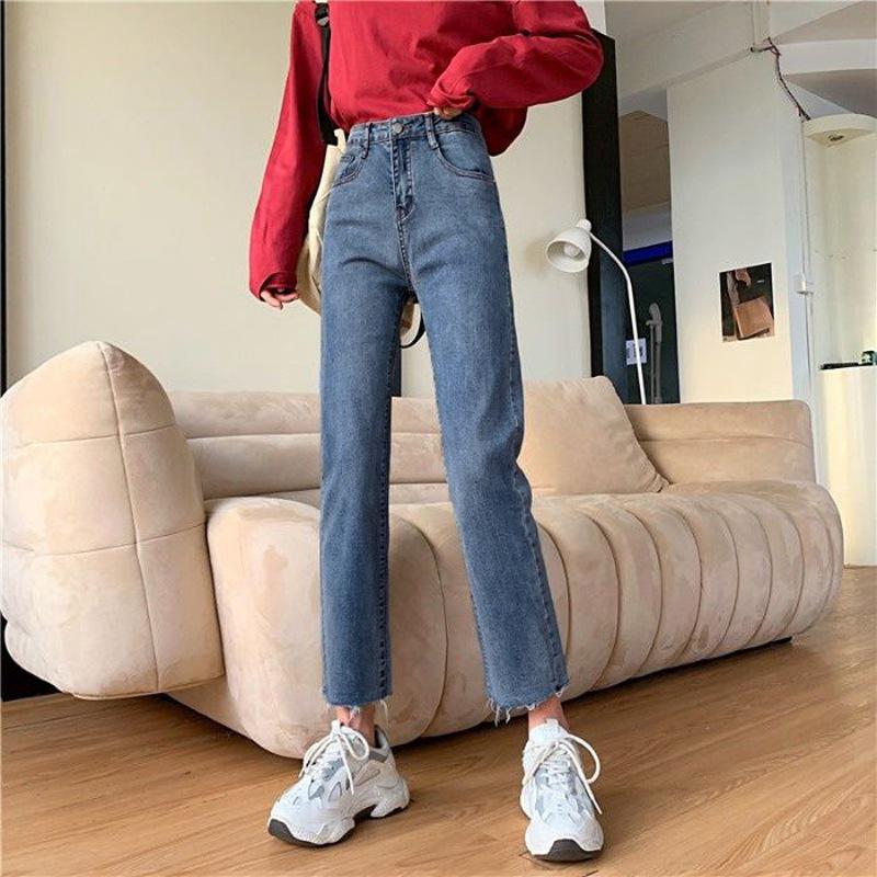 Blue-Gray High-Waist Slim Straight Jeans for Women - Autumn/Winter Elastic Raw Edge Cigarette Pants (Small Size)