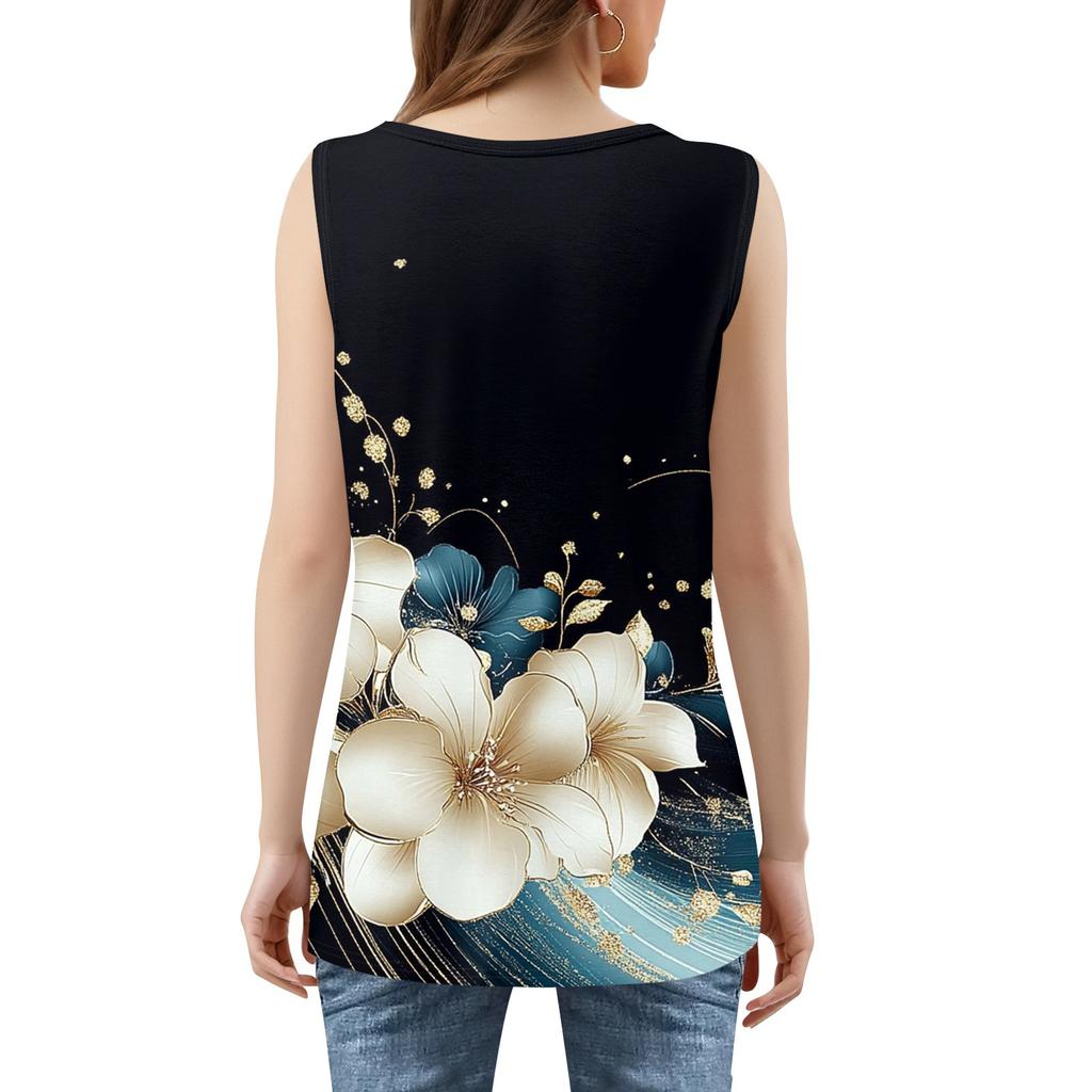 Dámské letní ležérní plisované tílko bez rukávů se čtvercovým výstřihem s potiskem