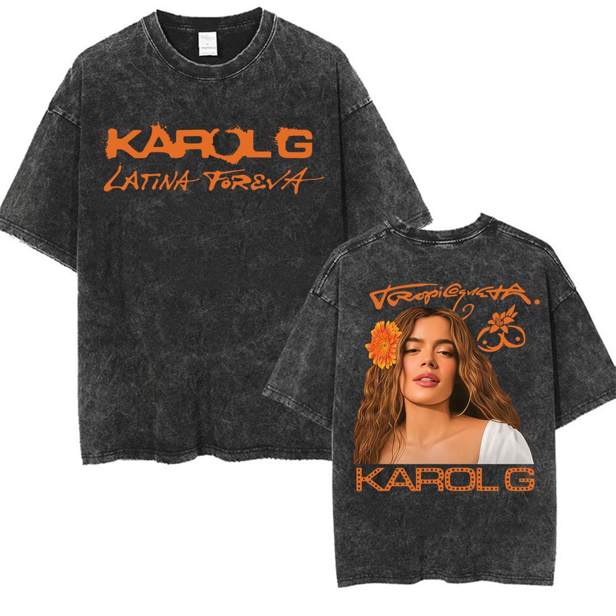 Latin Pop Singer Karol G Tropicoqueta Tour Album Vintage Washed T-shirts Men Women Fashion Hip Hop Oversized T Shirts Streetwear S