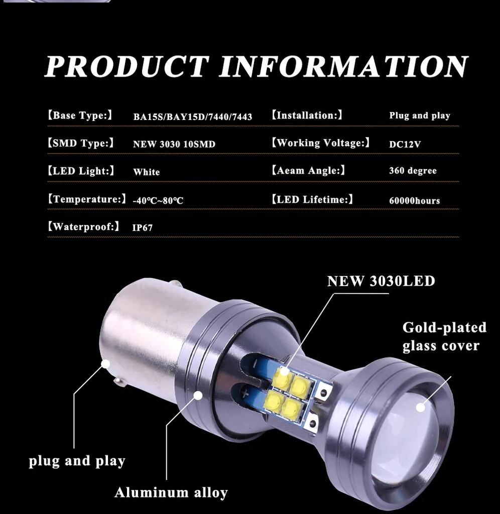 2x PY21W P21/5W 1156 Ba15s 1157 Bay15d 7440 For Car Turn Signal Light 12V 3030chip 10SMD 6000K White Brake Reverse Parking Lamp