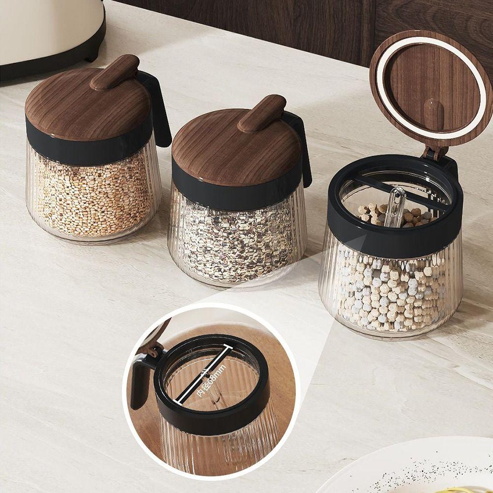 Wood Grain Lid Spices Glass Jar Glass Material Seasoning Boxes Seasoning Container  Kitchen Storage