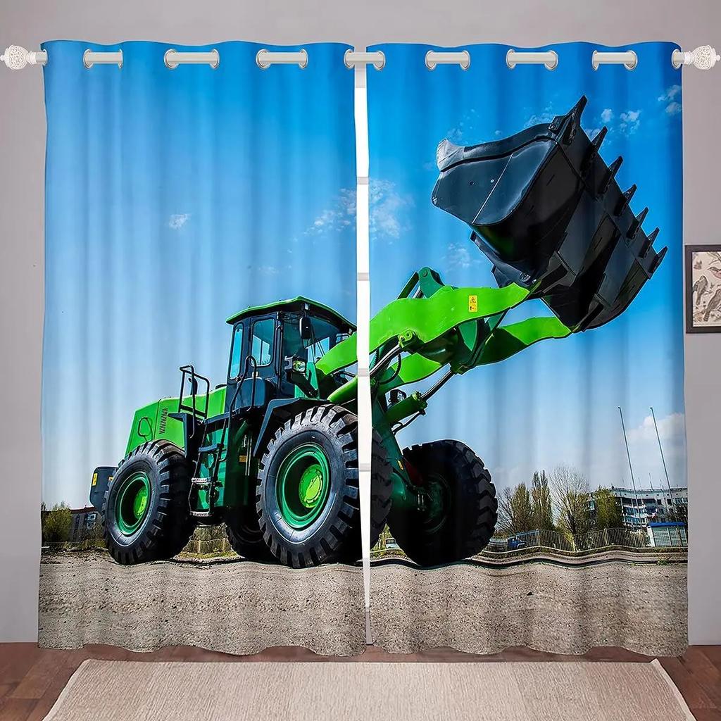 Barn Tecknad Lastbil Kran Grävmaskin Pojkars Favorit Byggnadsgardin Tunga Maskiner 3D-Tryckta Fönstergardiner för Sovrum