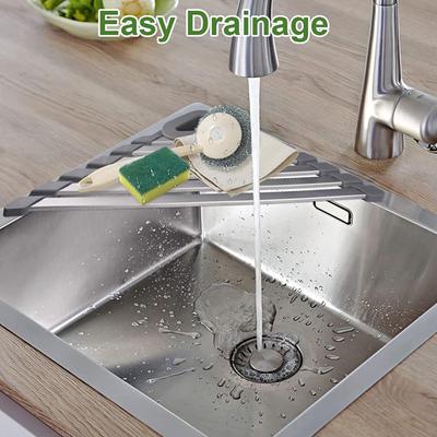 46*32CM Grand Égouttoir Pliable Triangulaire Durable Roulable pour Coin d'Évier Organisateur d'Évier de Cuisine Égouttoir à Vaisselle au-dessus de l'Évier Cuisine