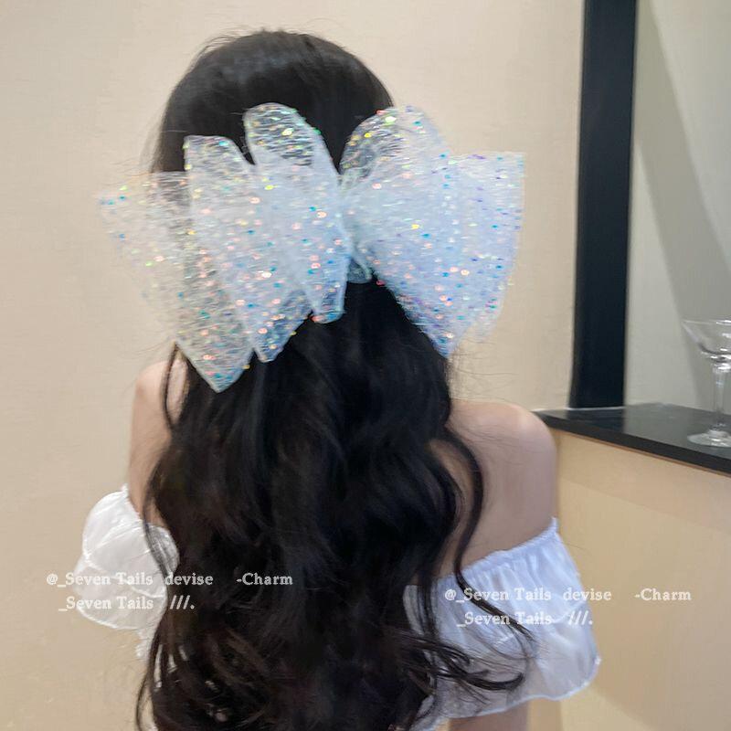 

Блестящая заколка-сетка для хвоста, большая заколка-бант, большая пружинная заколка для девочки, заколка для головы, повязка на голову