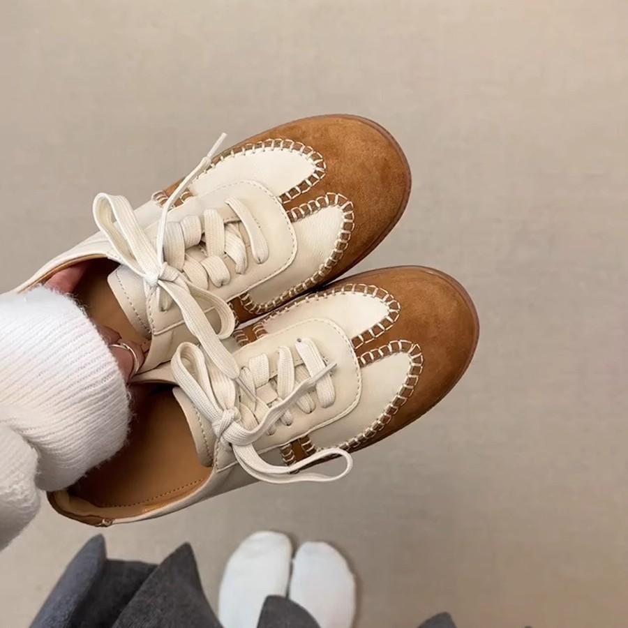 Cowhide Version~ American Retro Style Moral Training Shoes Women's New Round Head Color Matching Soft Sole Casual Sports Shoes Versatile Single Shoes