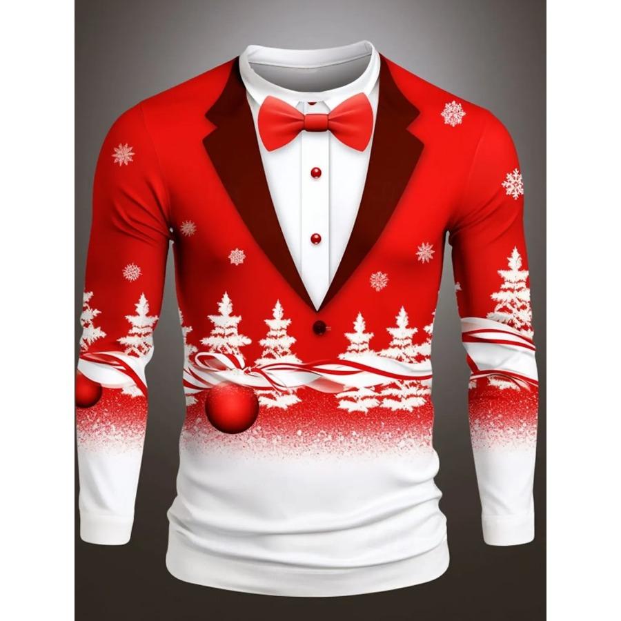 Women 3d clothes Kerstboom Sneeuwvlok Vlinderdas Heren 3D Print O-Hals T-shirt Tee Feest Casual Kerst Thema T-shirt Rood Lange Mouw Tops 6XL