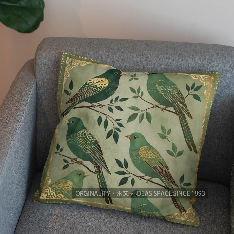 2D Green Birds On Branch Decorative Pillow Cover Pattern Cushion Cover Suitable For Sofa Bedroom Car Pillow Cover