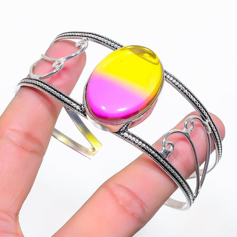 Natural Bi-Color Tourmaline Gemstone 925 Sterling Silver Cuff Bangle Adj N7d84