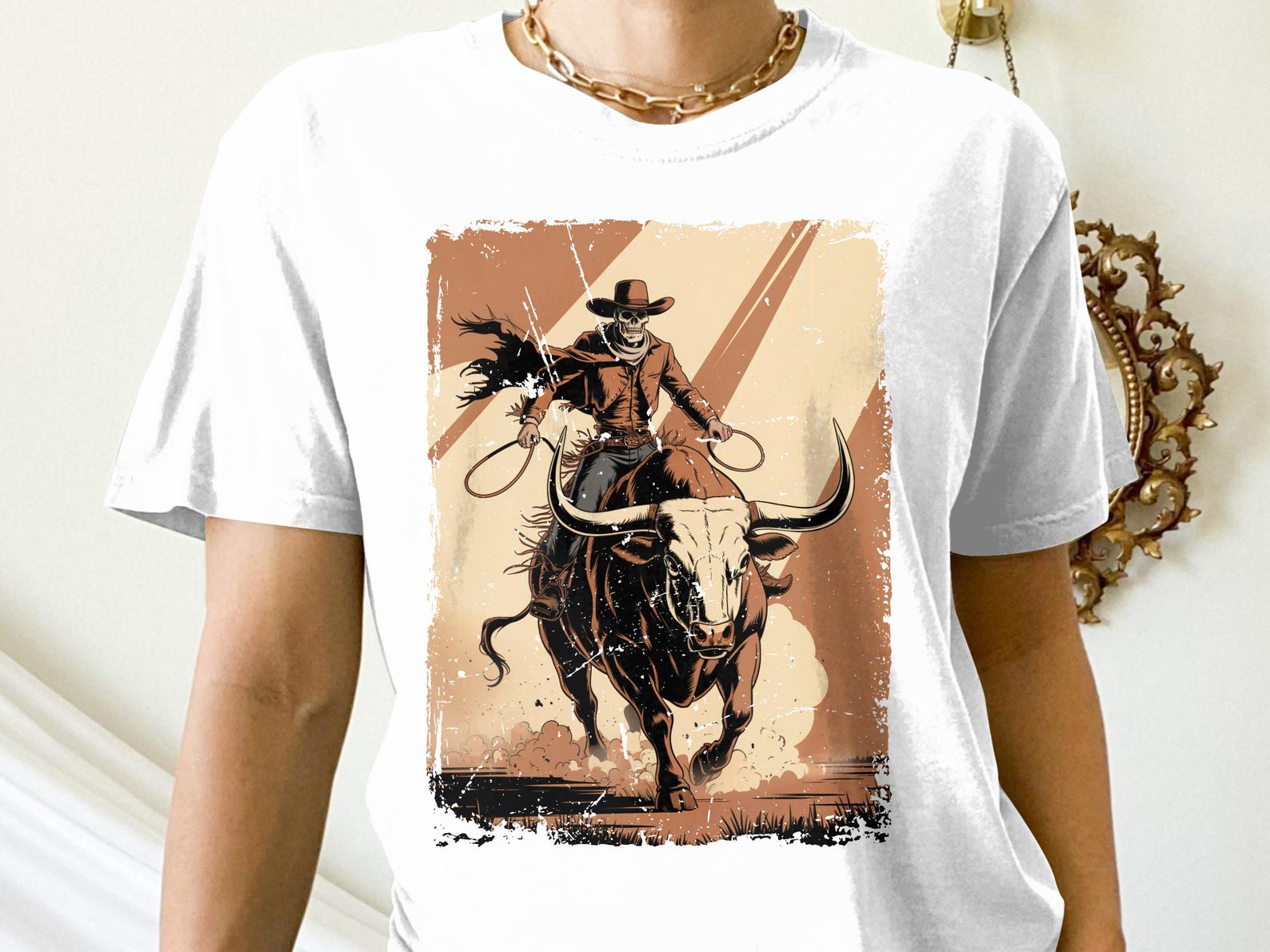 Cowboy Skeleton T Shirt, Bull Rider Tee, Rodeo Skeleton, Western Wear T Shirt, Unique Graphic T Shirt, Cowboy Apparel, Trendy T Shirt M
