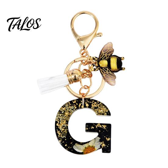 Talos Black Series Keychain Pendant, Dried Flower Initial Letter Charm Key Chain with Bee Tassel Design, A-Z Holder for Bag Purse Backpack