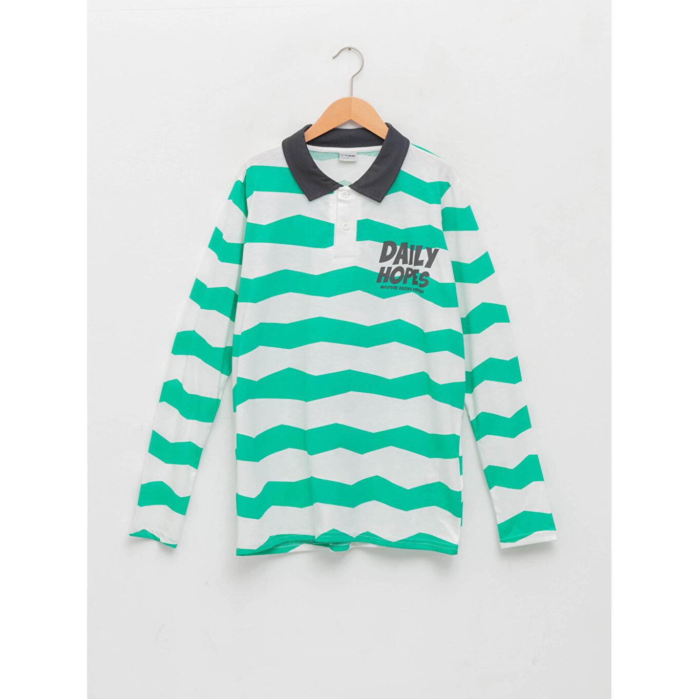 

Полосатая футболка с длинным рукавом для мальчиков с воротником-поло, зеленая