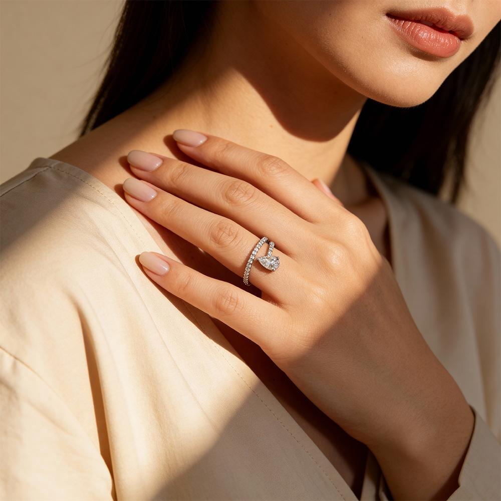 Pear Cut Moissanite Ring | 925 Sterling Silver 1CT D Color VVS1 | Stackable Halo Engagement Wedding Bands for Women